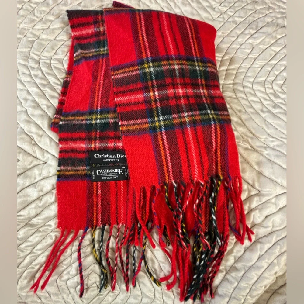 Christian Dior Monsieur Vintage Red Plaid Cashmaire Scarf Made in Japan
